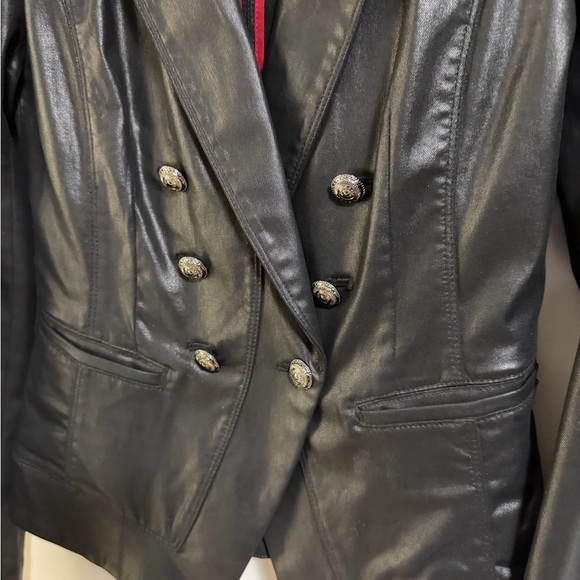 Women's Double-Breasted Coated Black Denim Jacket - looks like leather - Picture 6 of 16